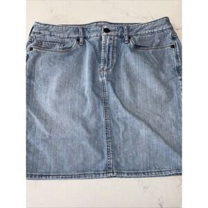 Eddie Bauer Skirt Women's 8 Blue Denim‎ Jean Pocketed W32 L17 Embroidered Short